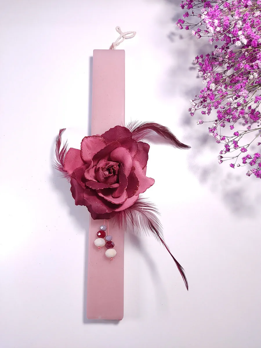 Λαμπάδα ροζ με μπορντό λουλούδι