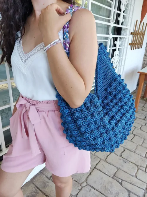 Μεγάλη Χειροποίητη Πλεκτή Τσάντα Bubble σε Μπλε Απόχρωση με Ακρυλική Αλυσίδα | CHRISARTI